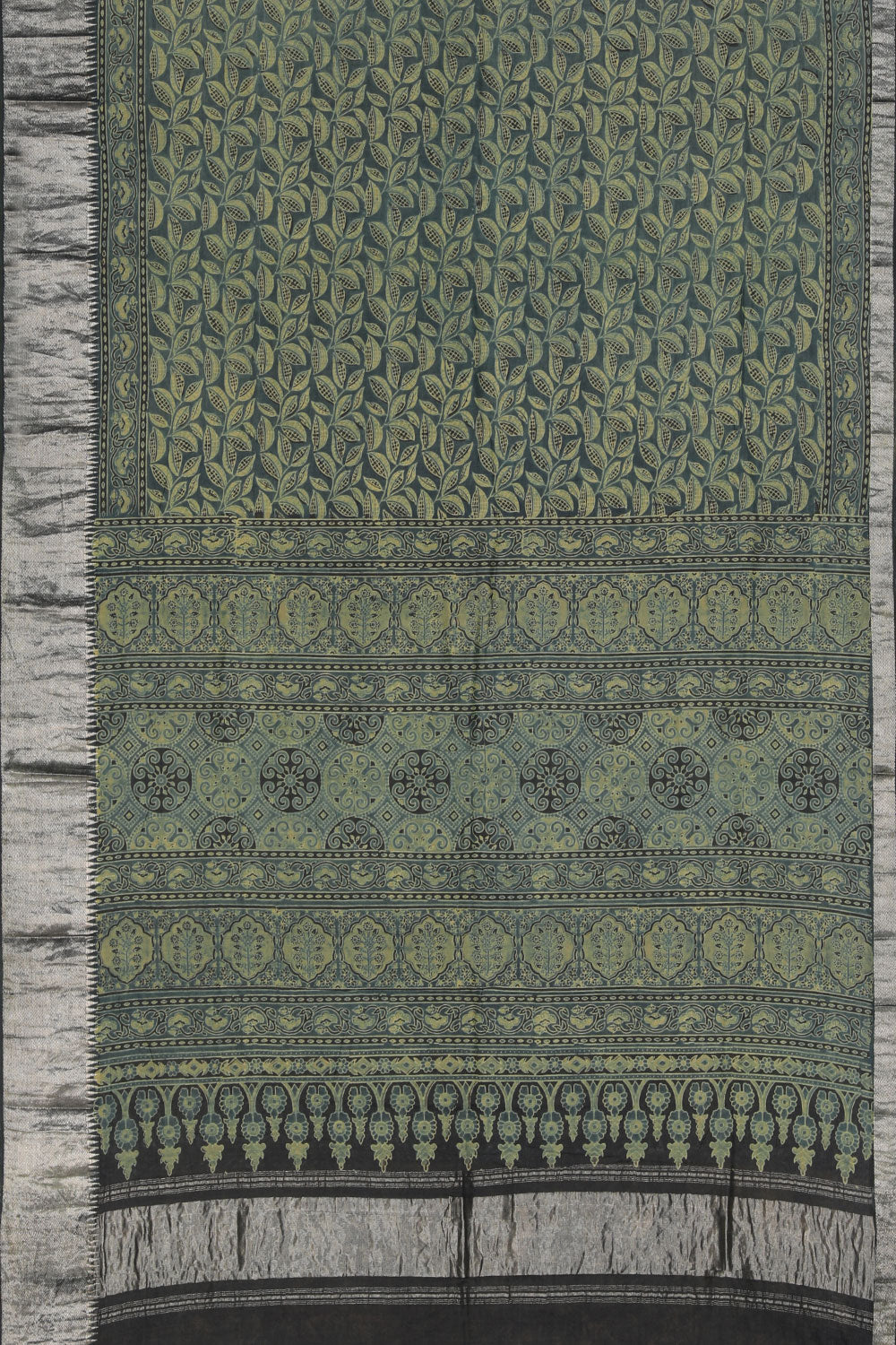 Image of Teal Green Mangalgiri Silk Ajrakh Printed Saree
